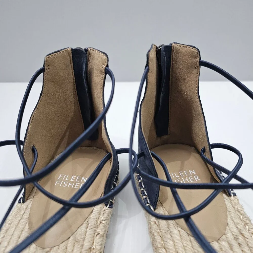 Eileen Fisher Lace Up Espadrille Flats Womens 11 Denim Blue Leather Sandal
